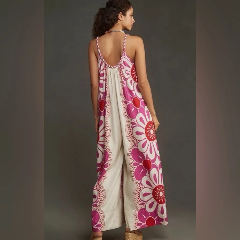 Farm Rio Maia Rope Trim Linen Blend Jumpsuit size Large - Picture 2 of 4